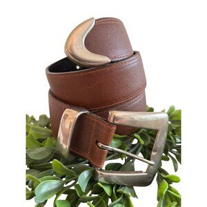 Vintage Express Womens Brown Leather Belt With Silver Buckle Adjustable